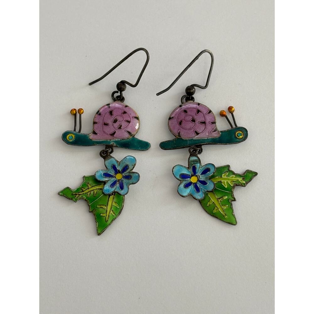Judith Geiger Zarah Snail Earrings Enamel Figural Flowers Dangle Whimsical Rare